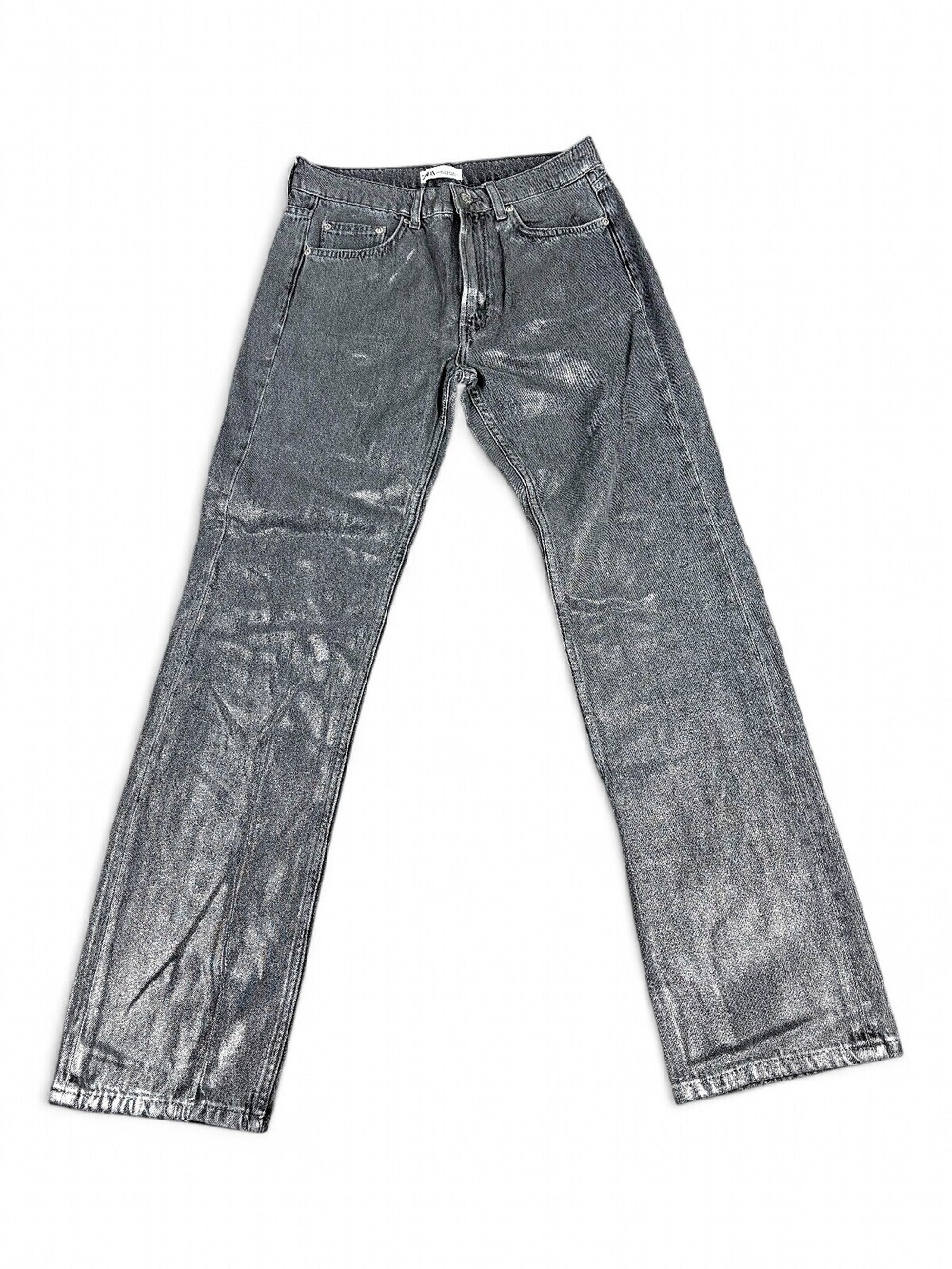 Zara Silver Metallic Straight Leg Jeans Sz 4